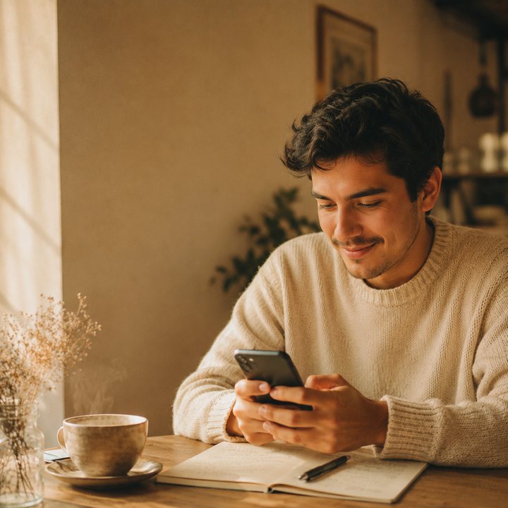 Persona usando Uzes App con calma en su escritorio